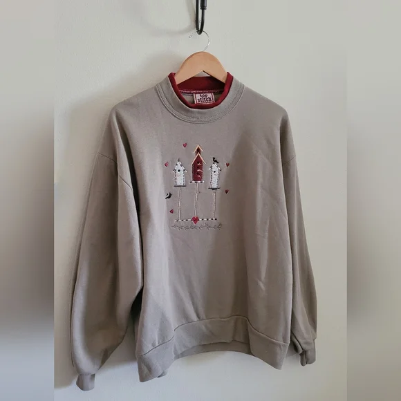 Vtg Top Stitch Embroidered Birdfeeder Pullover Sweatshirt, Women's L, Tan & Red - Picture 1 of 8